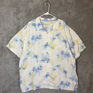 Tommy Bahama Shirt XXL 100% Linen Blue Yellow Hibiscus Floral Island Camp Men